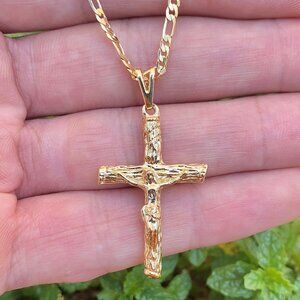 Brand New 14K Gold Filled Cross Necklace Womens Mens Cadena Oro Laminado Adults